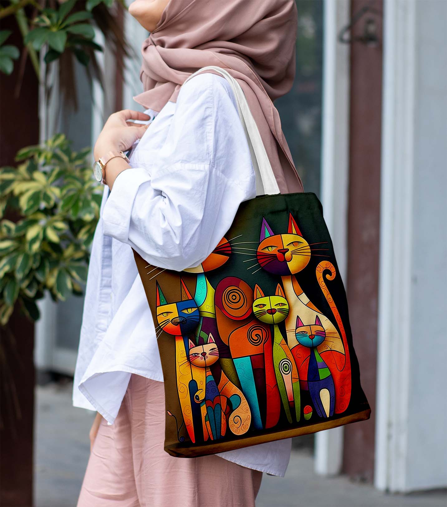 Colourful Different Cats White Printed Tote Bag (14 X 16 Inches) For Shopping, College, Travel
