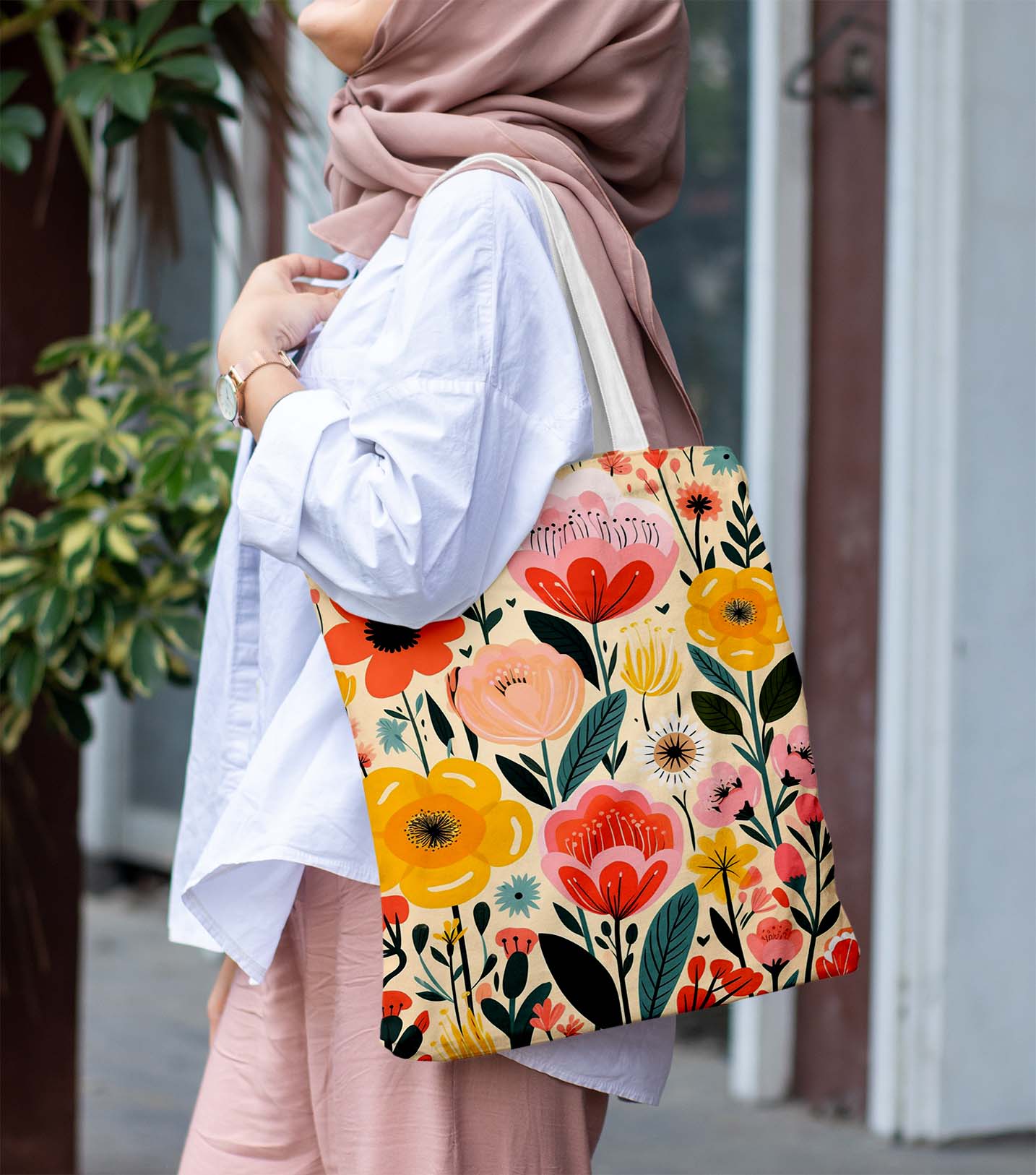 Beautiful Flower White Printed Tote Bag (14 X 16 Inches) For Shopping, College, Travel