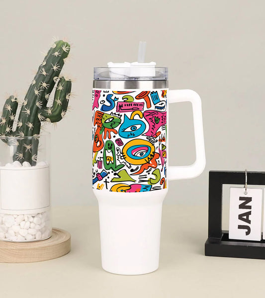 A colorful pattern Printed 850ML with Lid Leak Proof Big Travel Tumbler with Handle and Straw