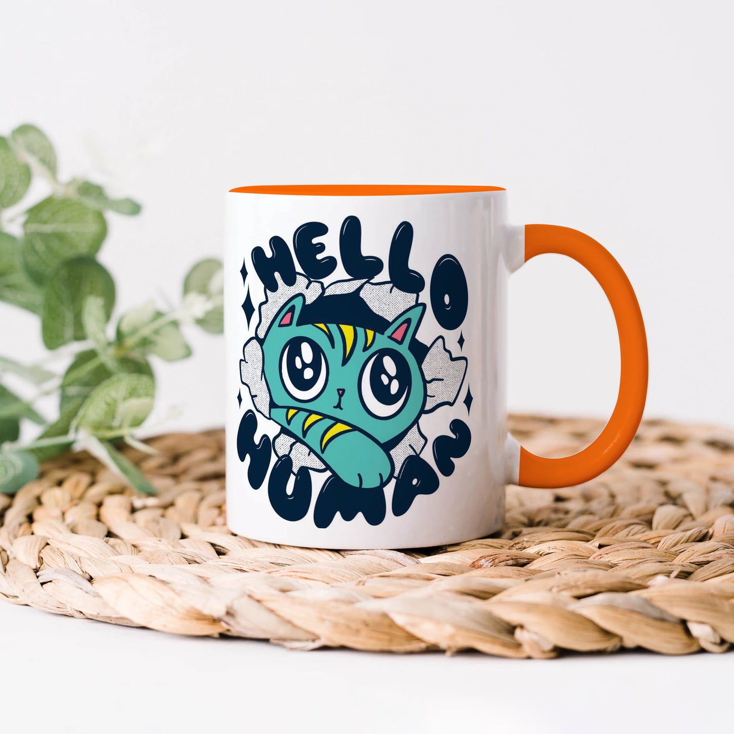 Cute Cat saying hello Human design Orange Handle 330 ml Coffee Mug