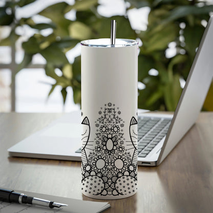 Black in white doodle art cat and birds Printed 750ML with Lid Leak Proof Travel Tumbler with Straw