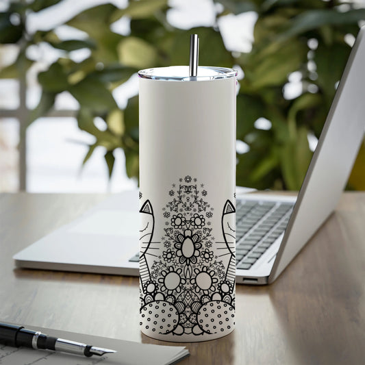 Black in white doodle art cat and birds Printed 750ML with Lid Leak Proof Travel Tumbler with Straw