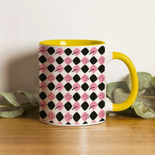Black N Pink square vector leaves pattern Pattern Yellow Handle 330 ml Coffee Mug