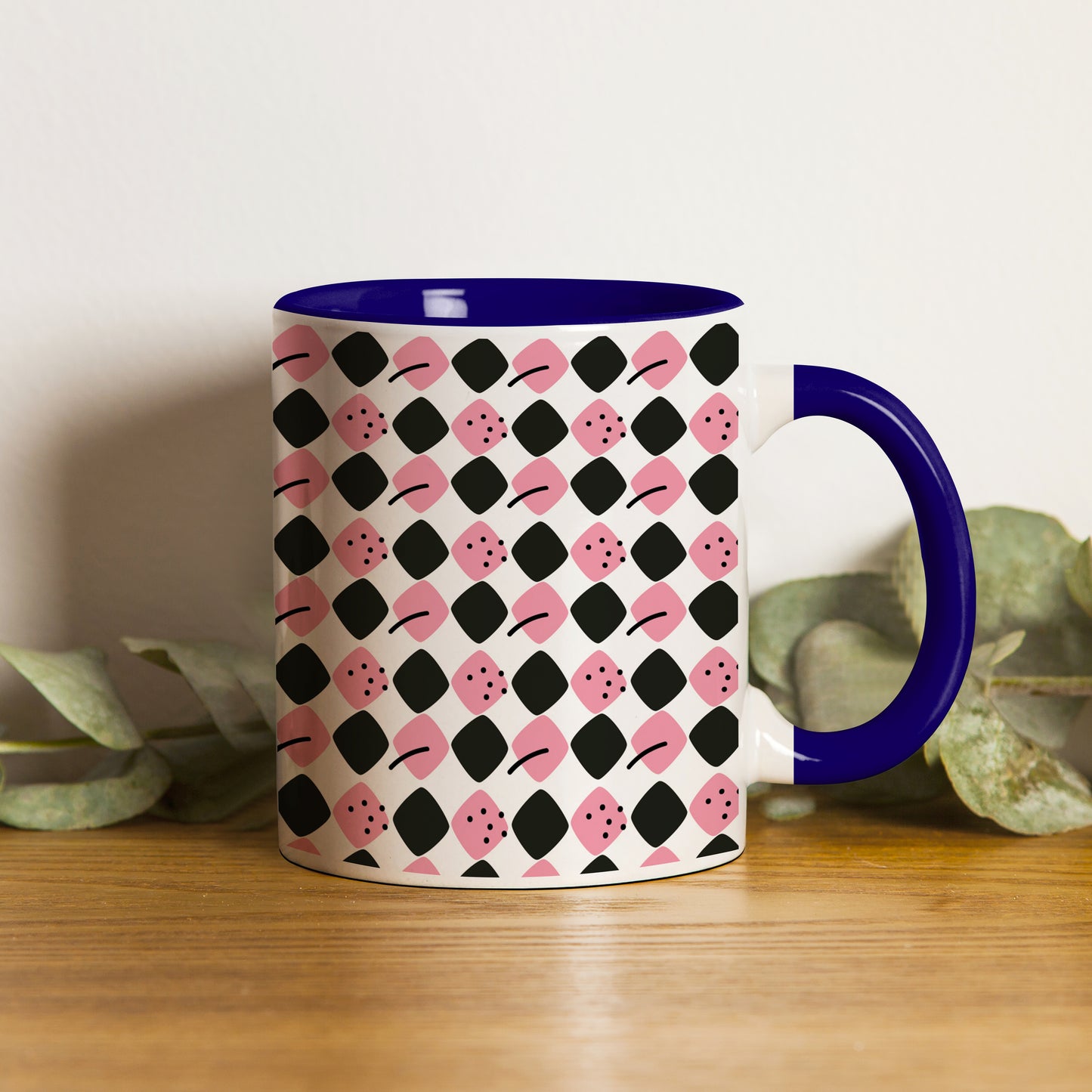 Black N Pink square vector leaves Pattern Dark Blue Handle 330 ml Coffee Mug