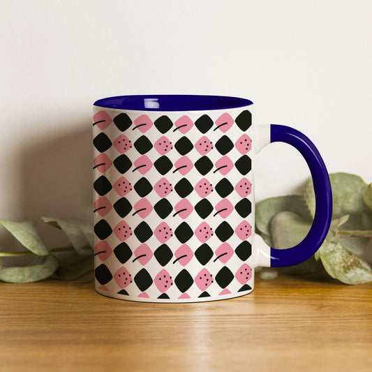 Black N Pink square vector leaves Pattern Dark Blue Handle 330 ml Coffee Mug