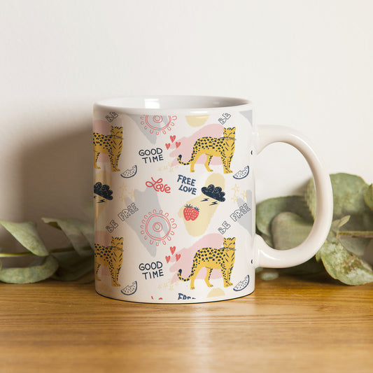 Colorful doodle cheetah and words pattern design White 330 ml Coffee Mug