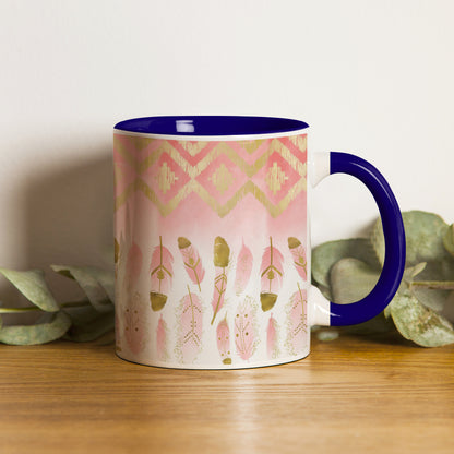 Pink plumas Pattern Dark Blue Handle 330 ml Coffee Mug