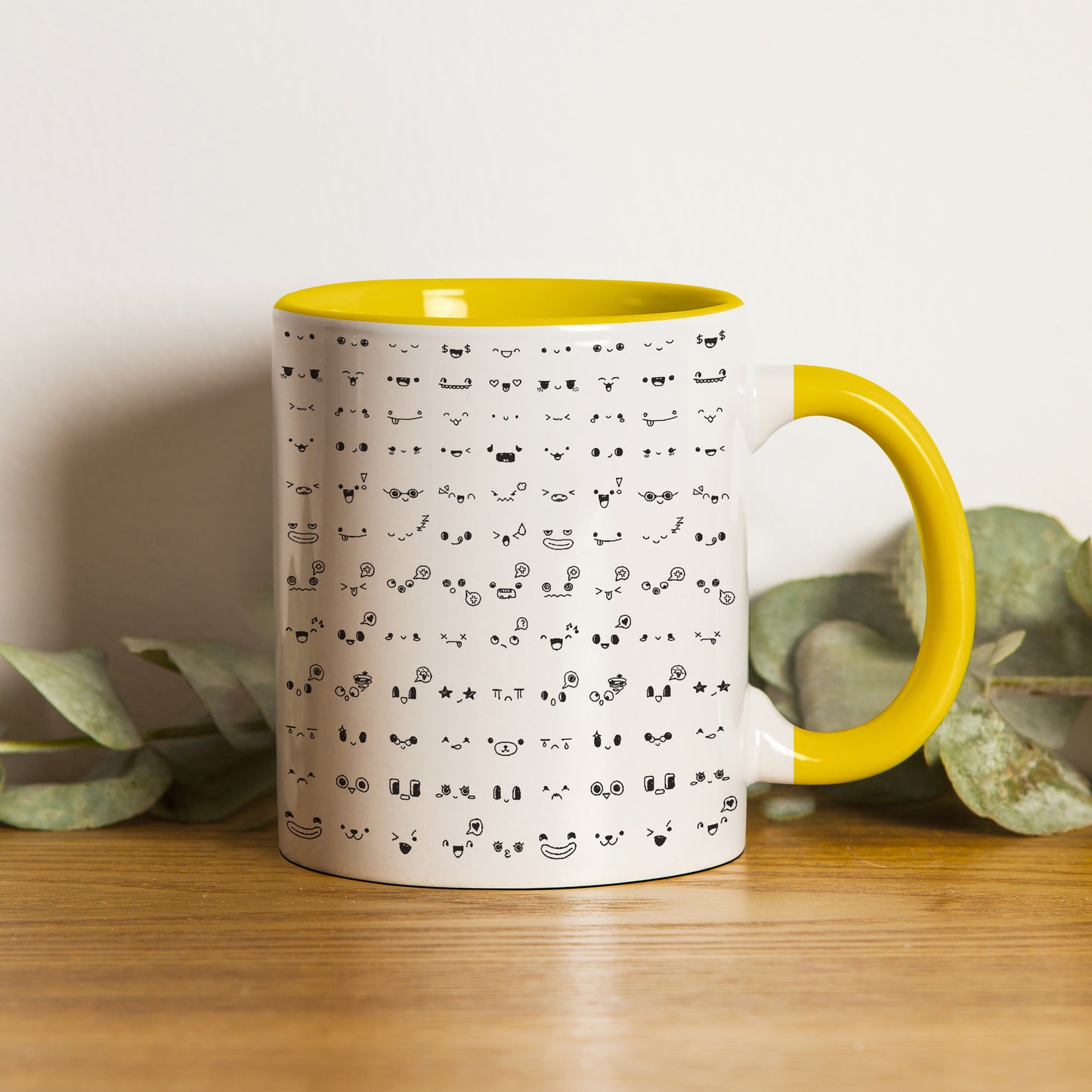 kawaii faces doodle art design pattern design Pattern Yellow Handle 330 ml Coffee Mug