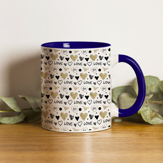 Hand drawn golden and black hearts pattern design Pattern Dark Blue Handle 330 ml Coffee Mug