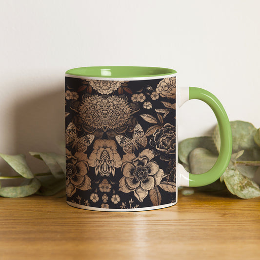 Gold flowers design Pattern Lite Green Handle 330 ml Coffee Mug