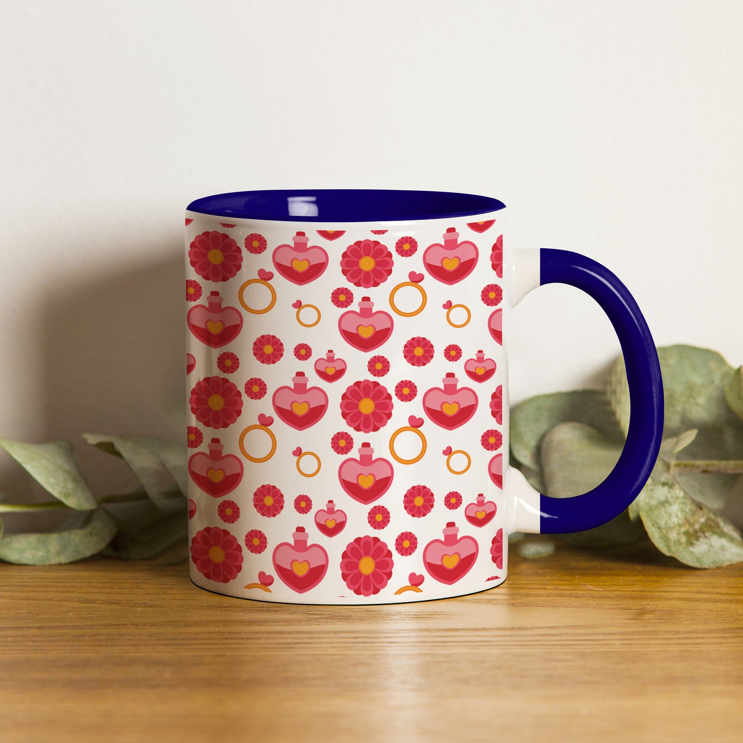Red seamless love element design Pattern Dark Blue Handle 330 ml Coffee Mug