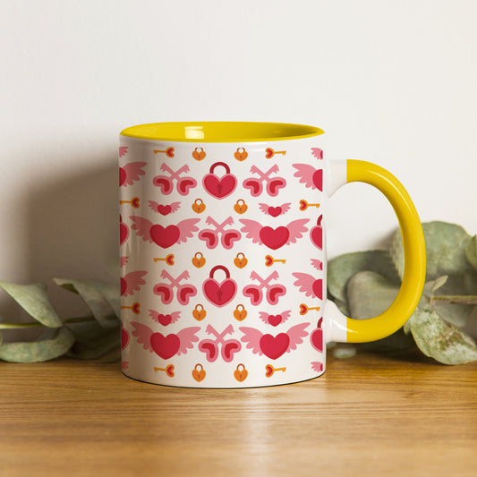 red seamless love element pattern design (2) Pattern Yellow Handle 330 ml Coffee Mug