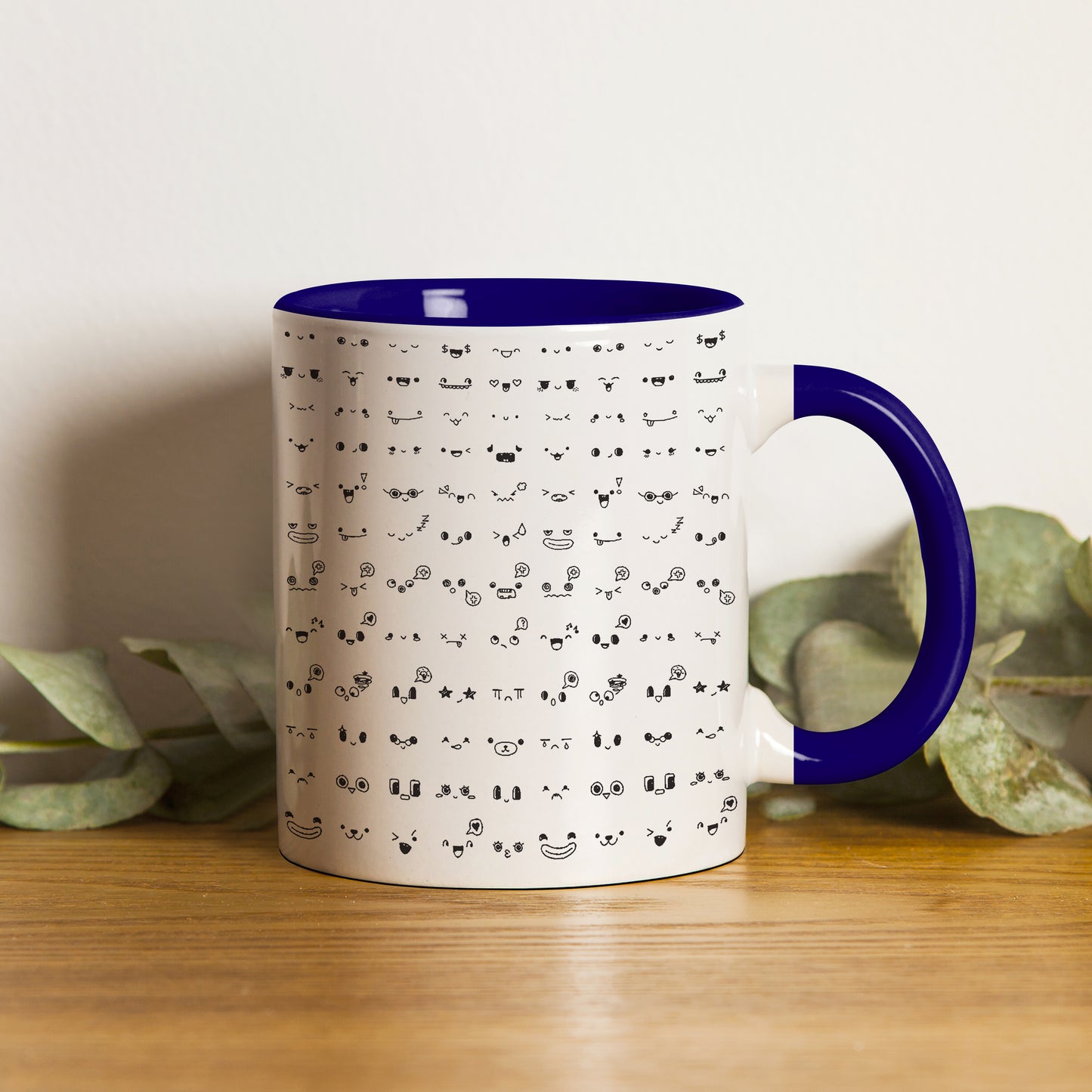 kawaii faces doodle art design Pattern Dark Blue Handle 330 ml Coffee Mug