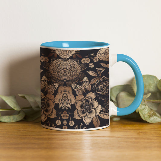 Gold flowers design Pattern Sky Blue Handle 330 ml Coffee Mug