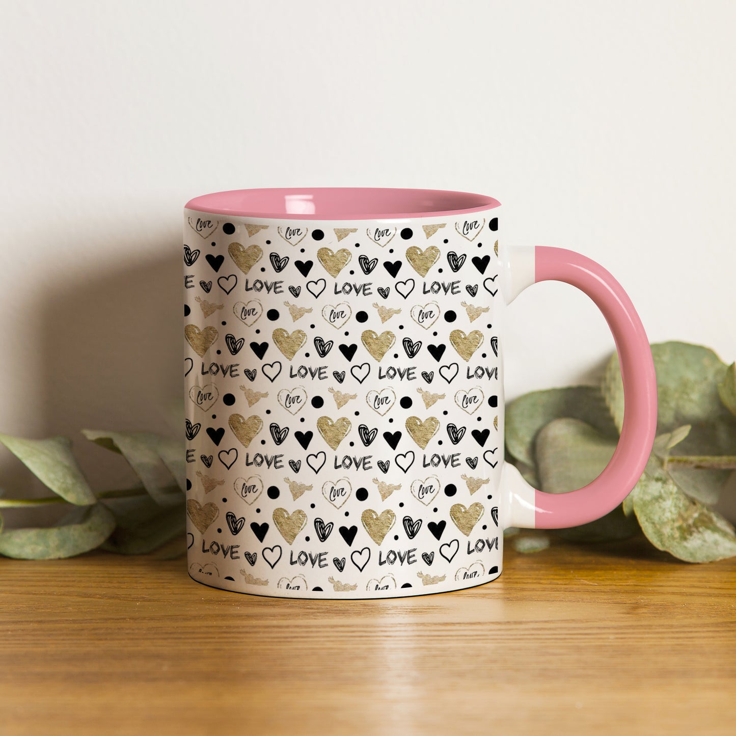 Hand drawn golden and black hearts design Pattern Lite Pink Handle 330 ml Coffee Mug