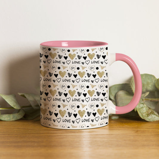 Hand drawn golden and black hearts design Pattern Lite Pink Handle 330 ml Coffee Mug