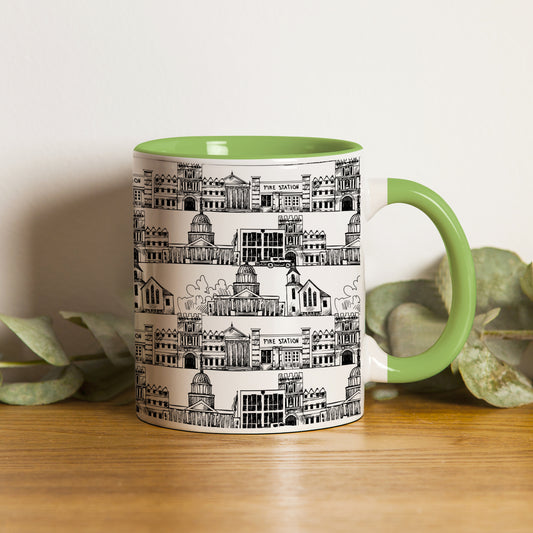 Black in white hand drawing city design Pattern Light Green Handle 330 ml Coffee Mug