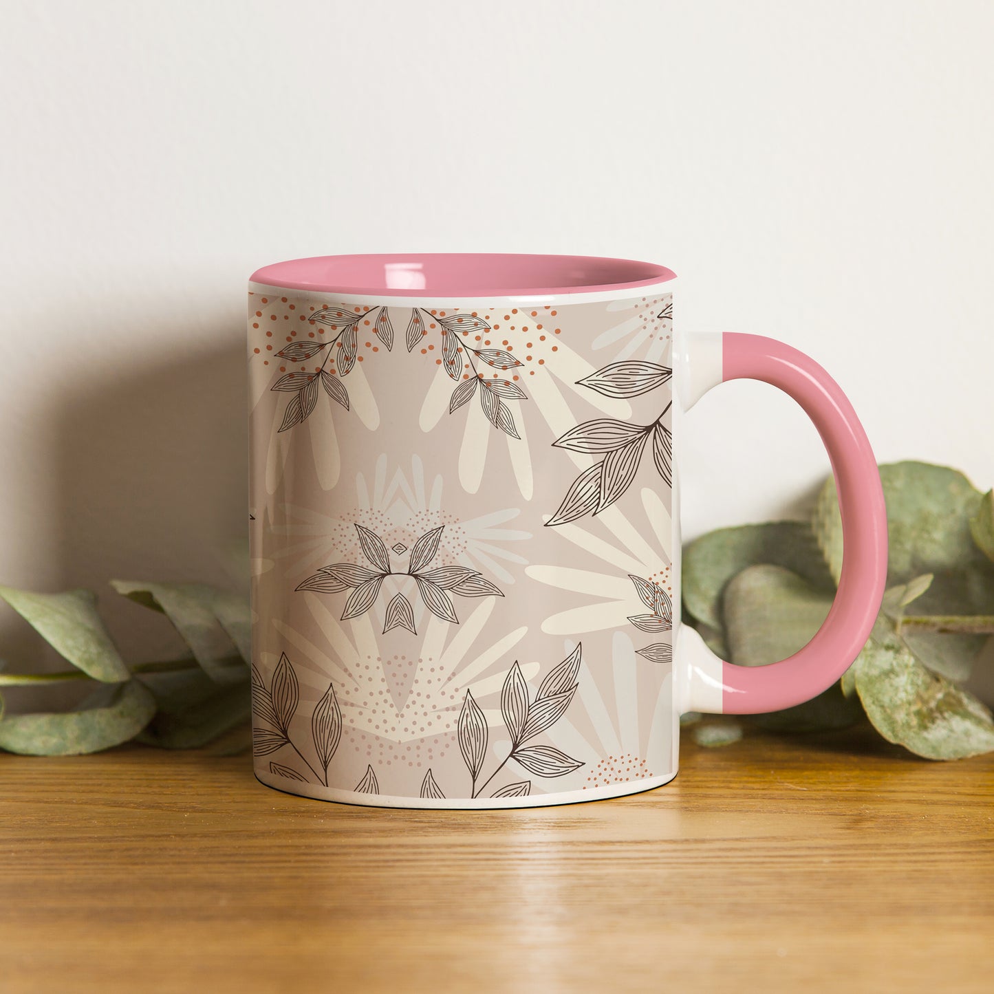 Abstract leaves and dots design Pattern Lite Pink Handle 330 ml Coffee Mug
