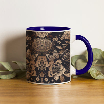 Gold flowers design Pattern Dark Blue Handle 330 ml Coffee Mug
