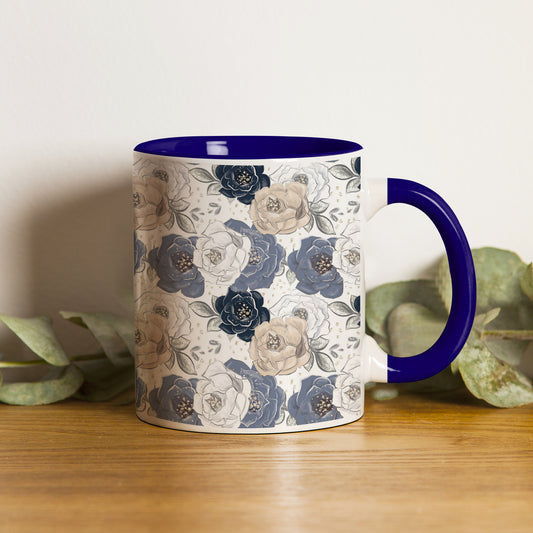 Flowers design Pattern Dark Blue Handle 330 ml Coffee Mug