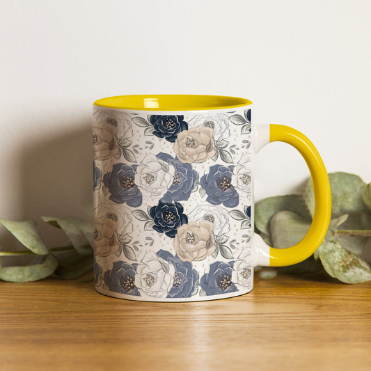 flowers design Pattern Yellow Handle 330 ml Coffee Mug