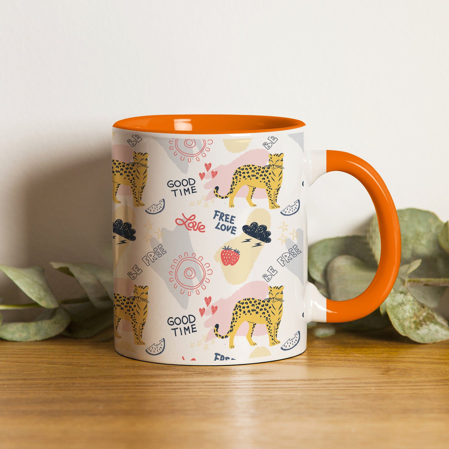 Colorful doodle cheetah and words pattern design Orange Handle 330 ml Coffee Mug