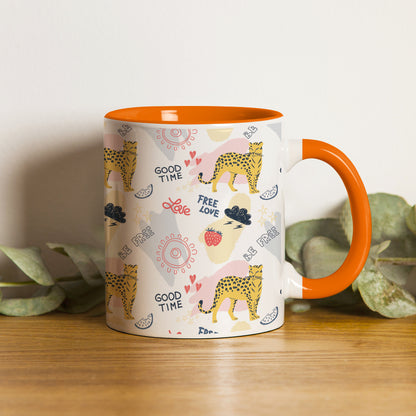 Colorful doodle cheetah and words pattern design Orange Handle 330 ml Coffee Mug
