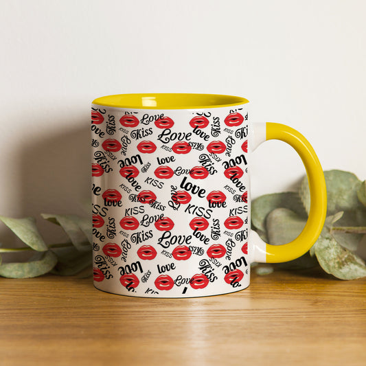 red kissing lips vector Pattern design Pattern Yellow Handle 330 ml Coffee Mug