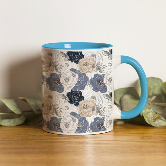 Flowers design Pattern Sky Blue Handle 330 ml Coffee Mug