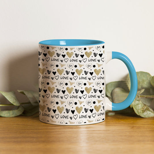 Hand drawn golden and black hearts design Pattern Sky Blue Handle 330 ml Coffee Mug
