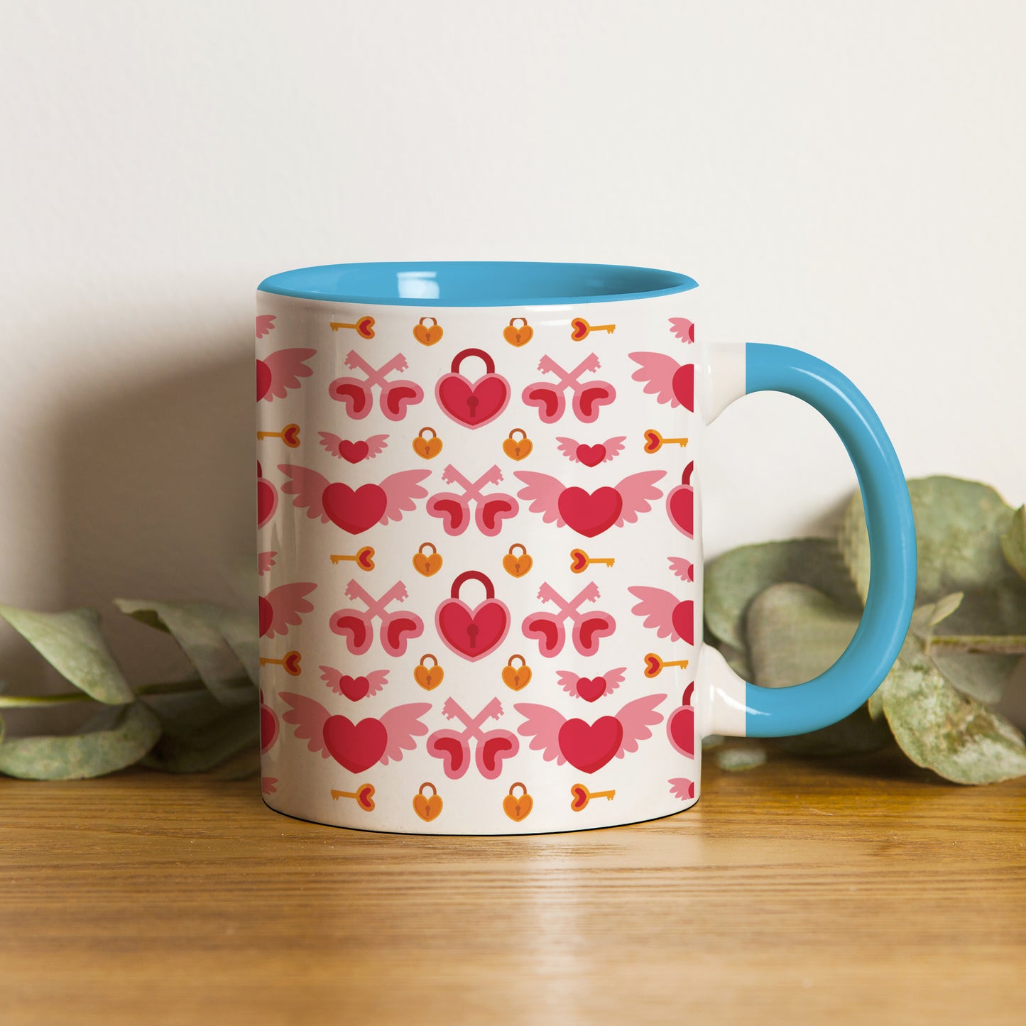 Red seamless love element design (2) Pattern Sky Blue Handle 330 ml Coffee Mug