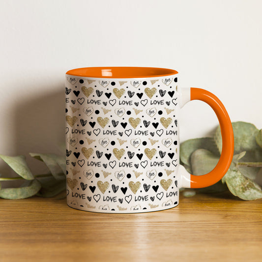 Hand drawn golden and black hearts pattern design Orange Handle 330 ml Coffee Mug