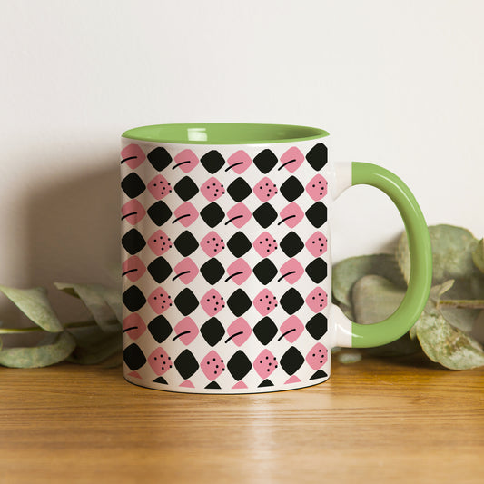 Black N Pink square vector leaves pattern (2) Pattern Lite Green Handle 330 ml Coffee Mug
