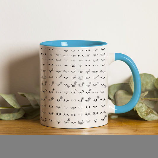 Kawaii faces doodle art design Pattern Sky Blue Handle 330 ml Coffee Mug