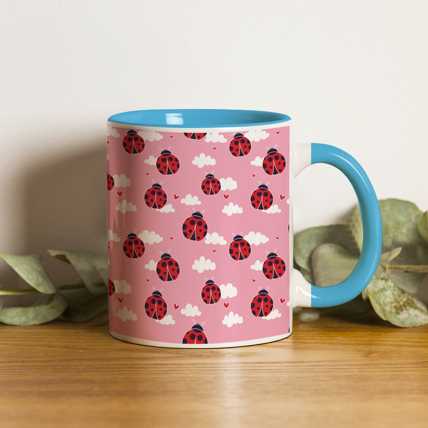Ladybug pattern design Pattern Sky Blue Handle 330 ml Coffee Mug