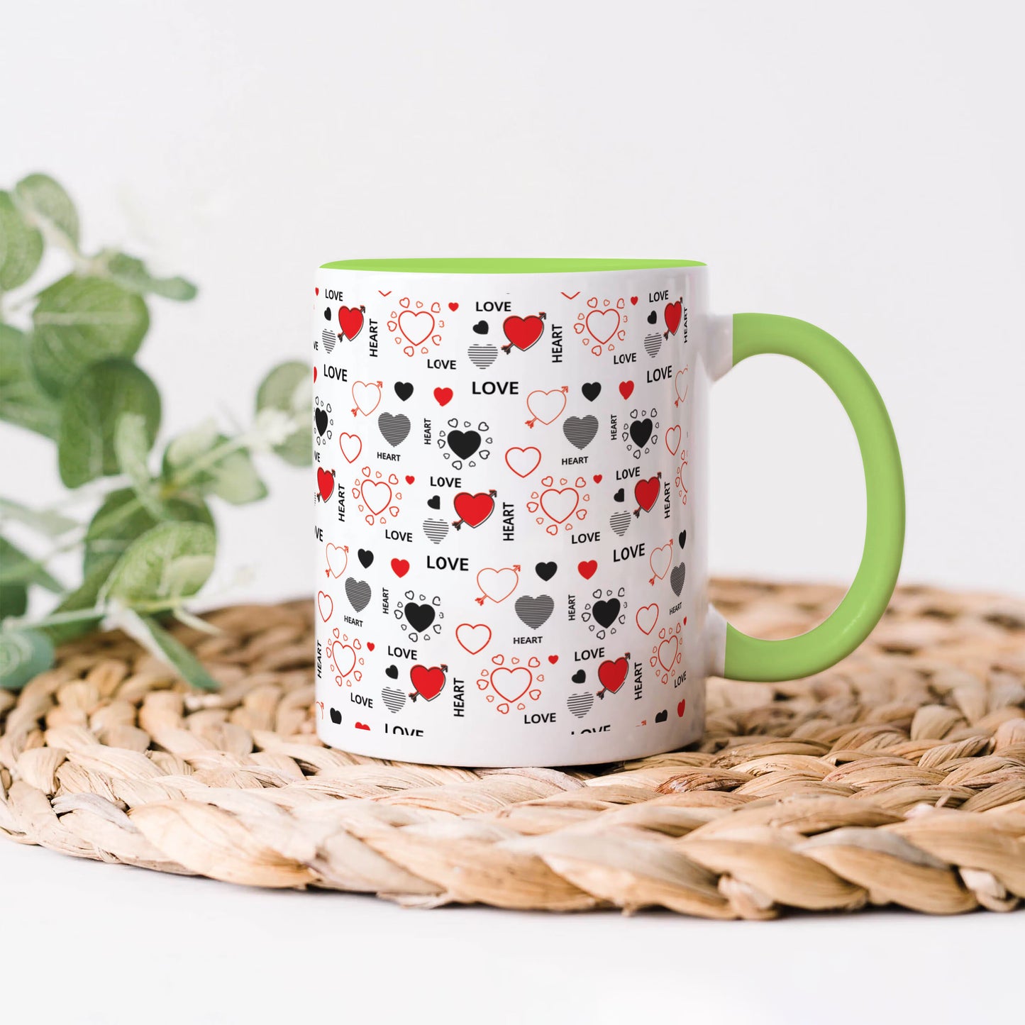 Romantic Hand Drawn Elements With Love Lettering design Light Green Handle 330 ml Coffee Mug