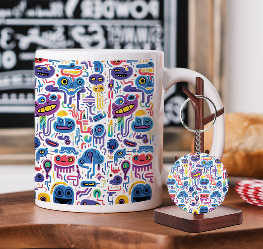 Multicolor Alien Creatures Design Mug and Keychain Combo 330 ml Coffee Mug