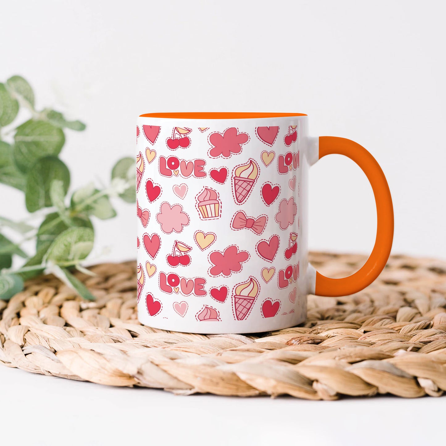 Retro pattern of decorative love elements design Orange Handle 330 ml Coffee Mug