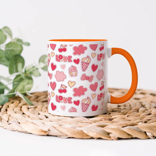 Retro pattern of decorative love elements design Orange Handle 330 ml Coffee Mug