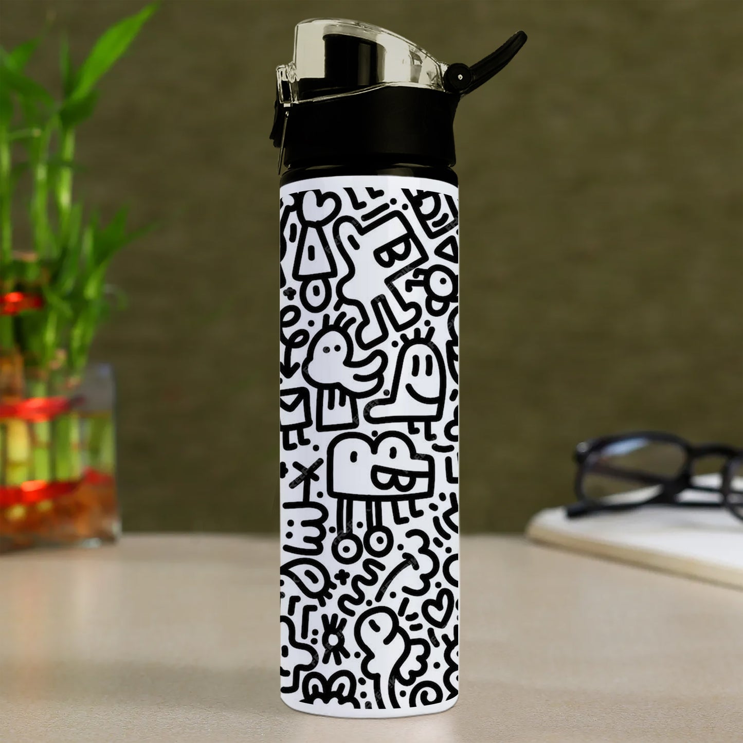 Black in white doodle art Printed Flip Flop Water Bottle 750 ml For Gym, Yoga, Kids, Boys, Girls, Brother, Sister, Babies, Baby, Workout, Adults