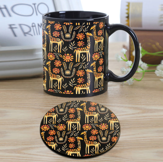 Seamless Doodle Animal Art Pattern Design Full Black 330 ml Coffee Mug with Coaster