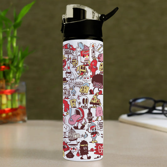 Cartoon doodle Pattern Printed Flip Flop Water Bottle 750 ml For Gym, Yoga, Kids, Boys, Girls, Brother, Sister, Babies, Baby, Workout, Adults