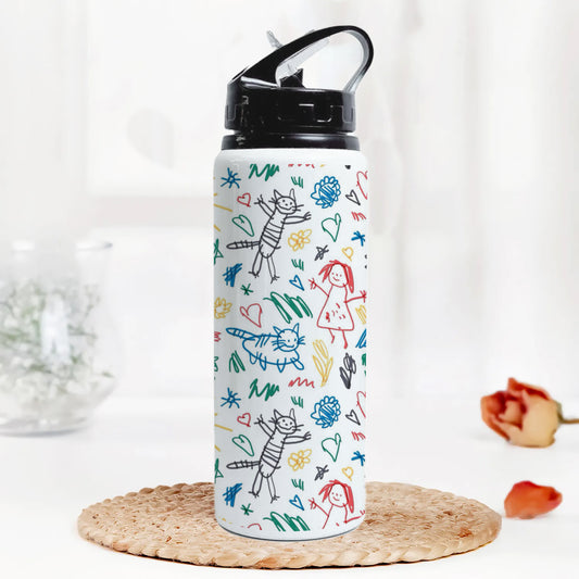 Seamless Pattern with Kids Illustrations Printed Black Nozzle Water Bottle 750 ml For Gym, Yoga, Kids, Boys, Girls, Brother, Sister, Babies, Baby, Workout, Adults
