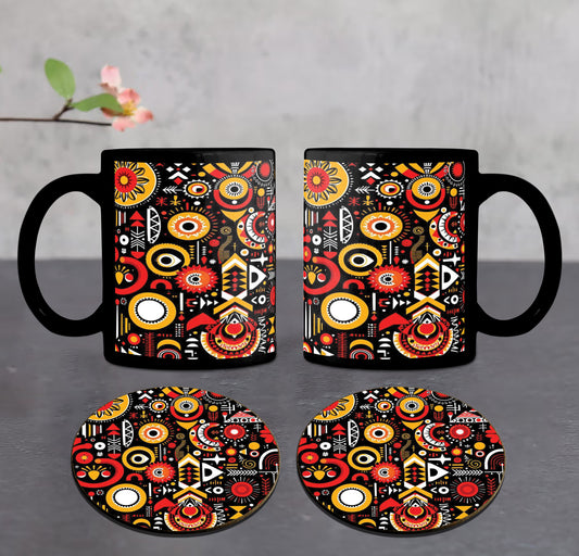 Bold Abstract Geometric Art Combo Mugs and Coaster(Set of 2 Mugs and 2 coasters) 330 ml Full Black Coffee Mug