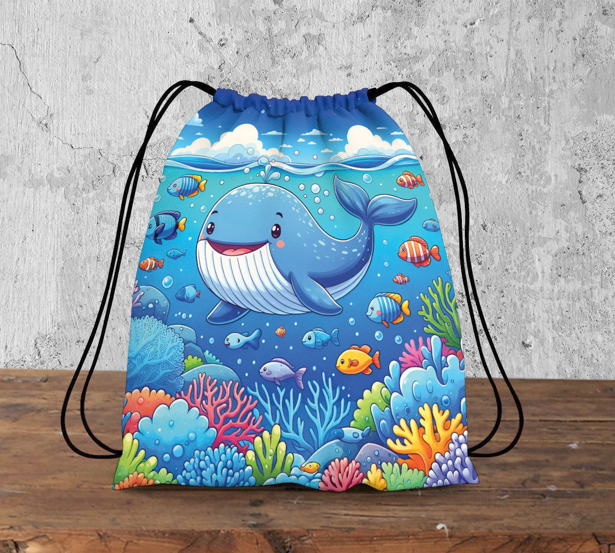Whales Vector Cartoon Pattern Polyester String Backpack Bags for kids for Gym, Yoga, Tuition ,Beach Bag for 4-10 year boys and girls