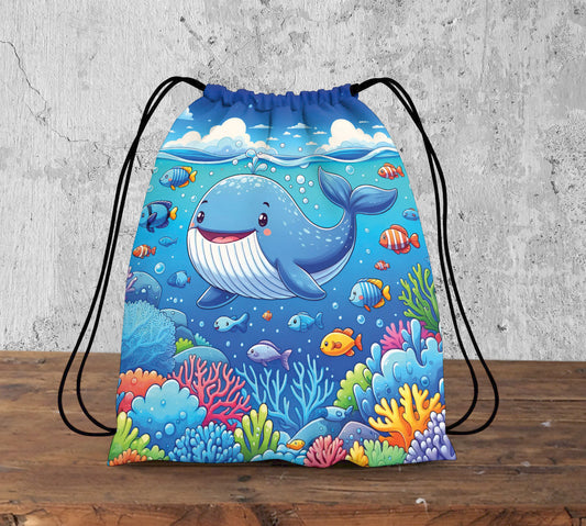 Whales Vector Cartoon Pattern Polyester String Backpack Bags for kids for Gym, Yoga, Tuition ,Beach Bag for 4-10 year boys and girls