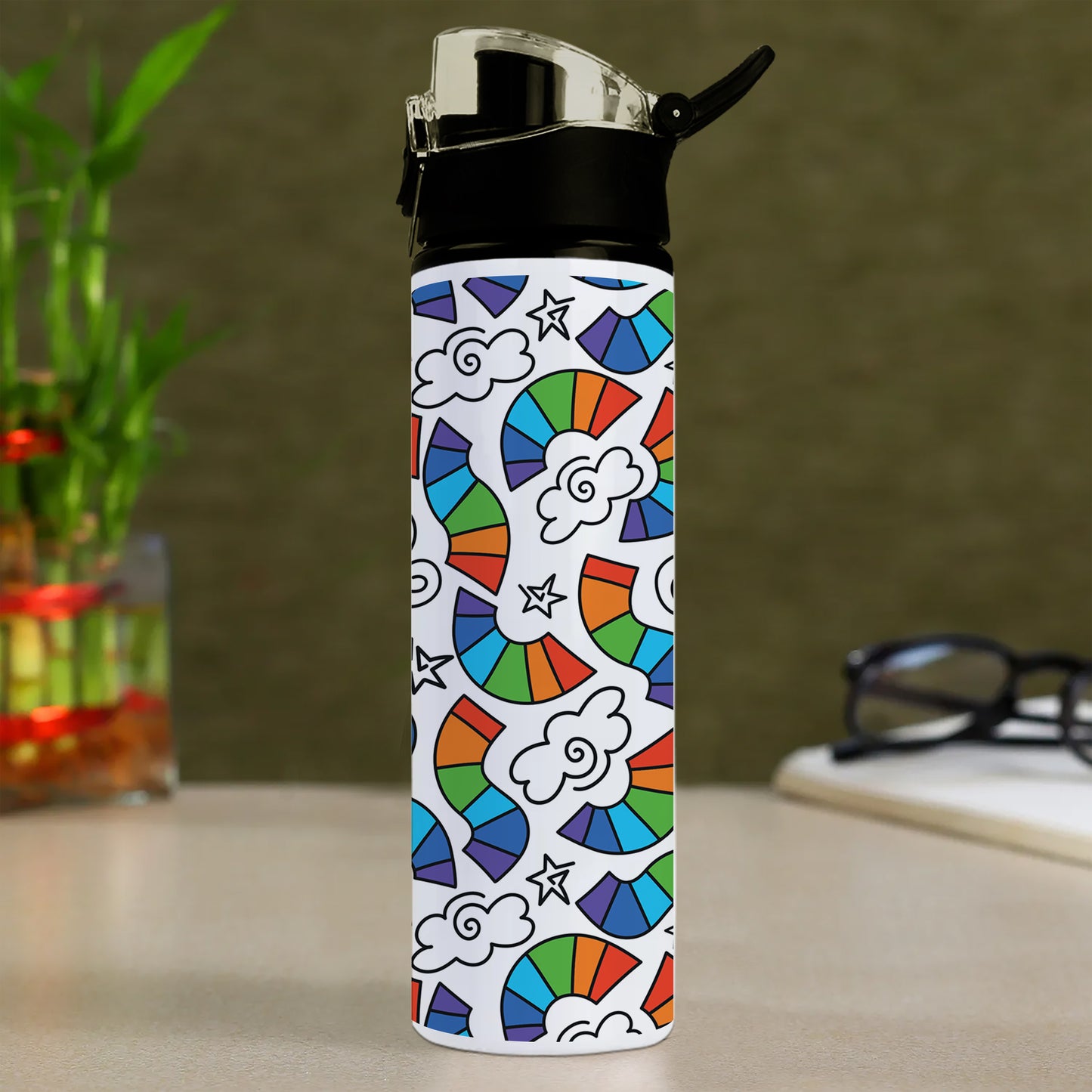 Hand drawn rainbow pattern design Printed Flip Flop Water Bottle 750 ml For Gym, Yoga, Kids, Boys, Girls, Brother, Sister, Babies, Baby, Workout, Adults