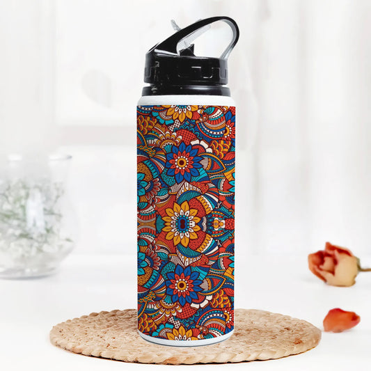 Hand drawn floral elements colorful ethnic seamless pattern Printed Black Nozzle Water Bottle 750 ml For Gym, Yoga, Kids, Boys, Girls, Brother, Sister, Babies, Baby, Workout, Adults