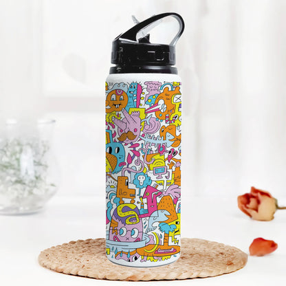 A colorful illustration of a group of people with different faces and the words Printed Black Nozzle Water Bottle 750 ml For Gym, Yoga, Kids, Boys, Girls, Brother, Sister, Babies, Baby, Workout, Adults