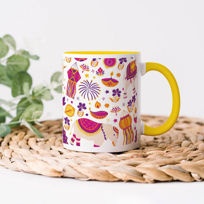Happy Diwali vector elements seamless pattern design Yellow Handle 330 ml Coffee Mug